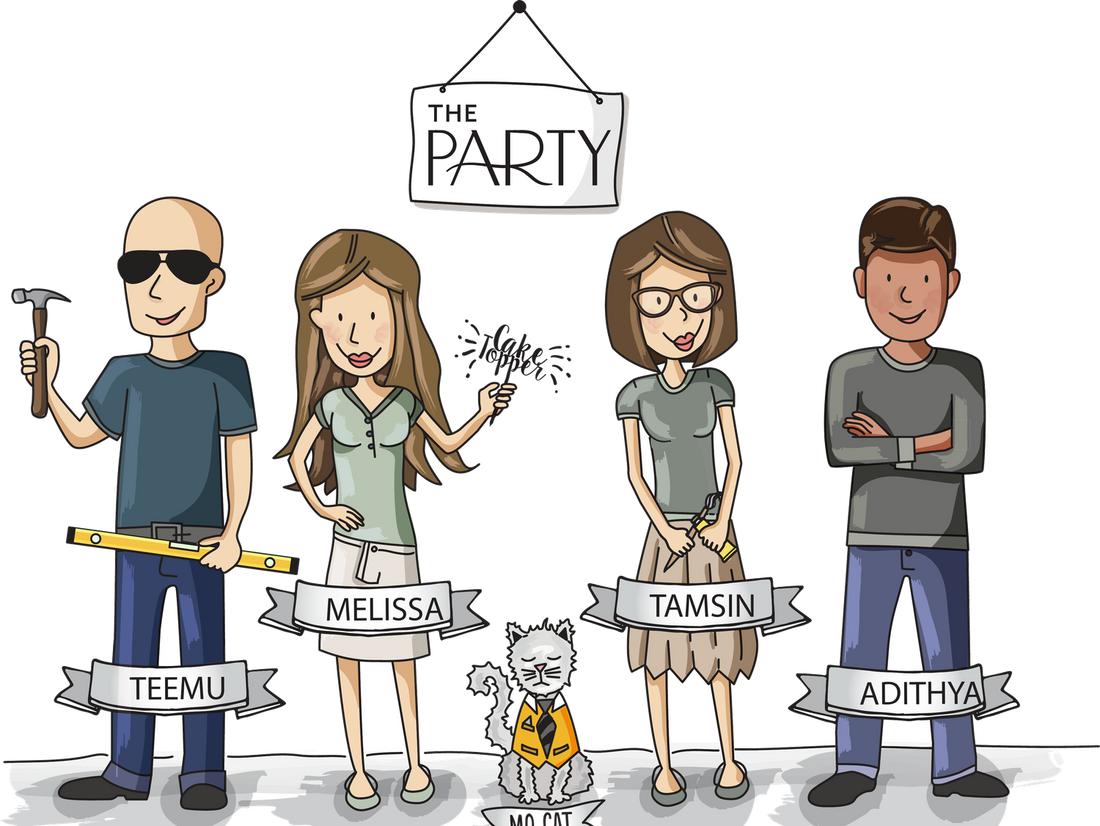 The Party team — Teemu, Melissa, Tamsin, Adithya and Mo Cat